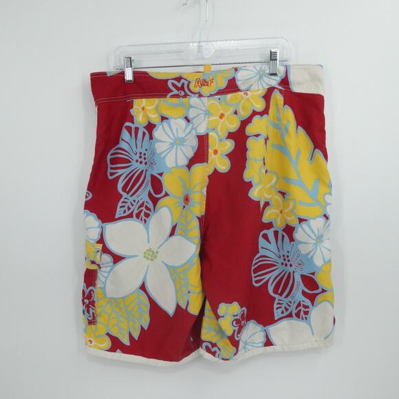 VTG Abercrombie Fitch Shorts Mens 36 Red Floral Hawaiian Swim Trunks Boardshorts - Picture 2 of 13